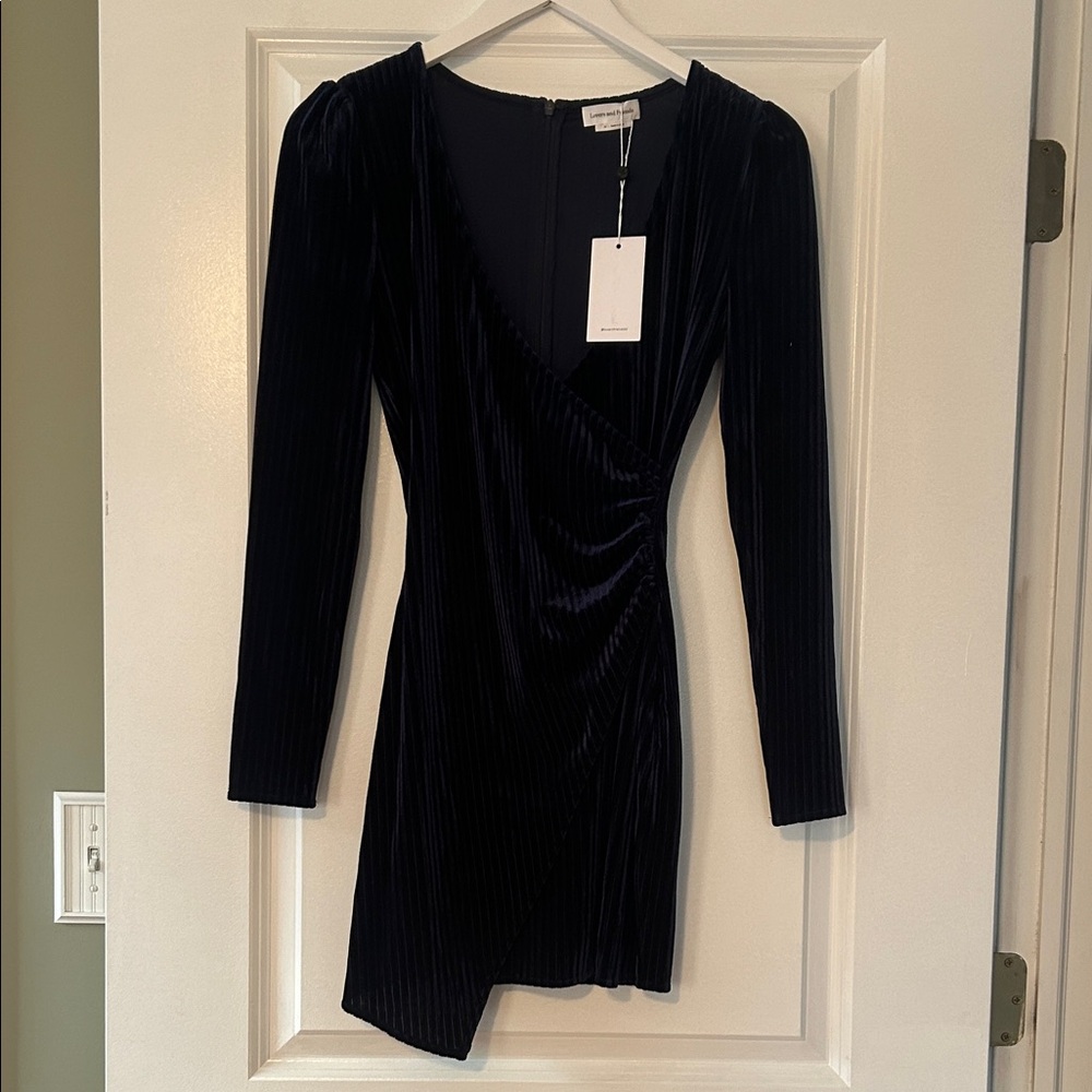 Women's Navy thin Velvet Wrap-Style Long Sleeve Dress